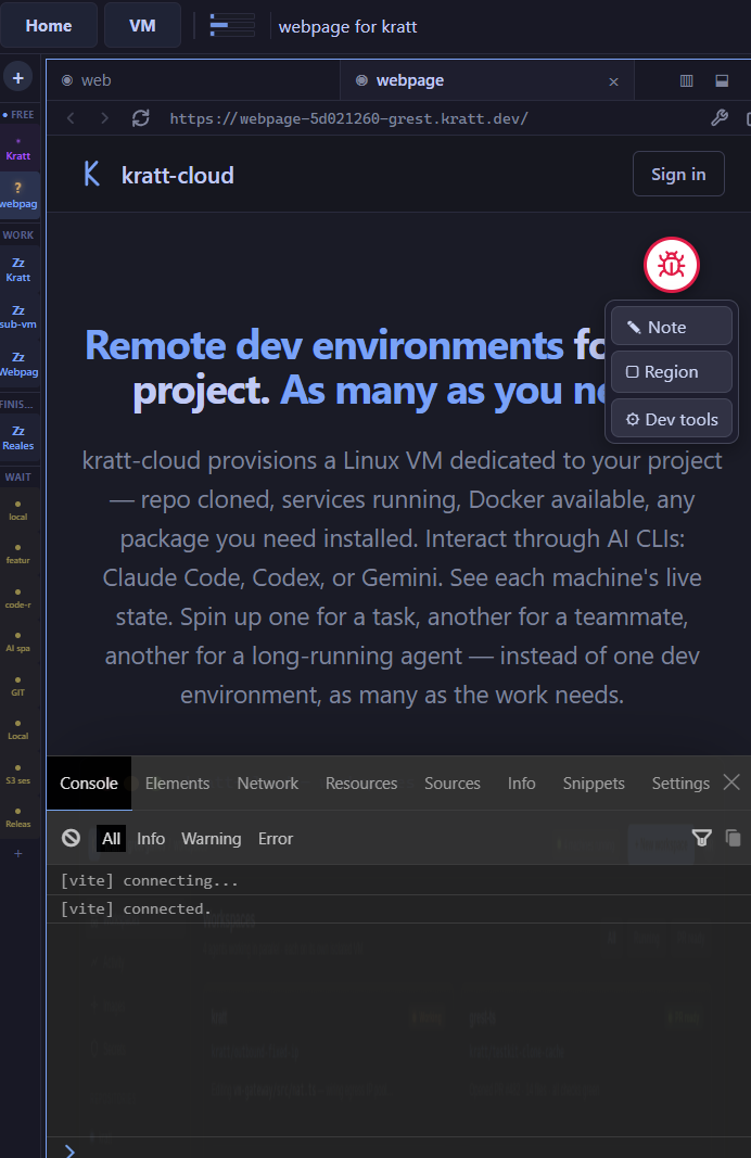 A running web app opened from a shared URL, with kratt-cloud's annotation widget, pinned tester notes, and a captured trace session.