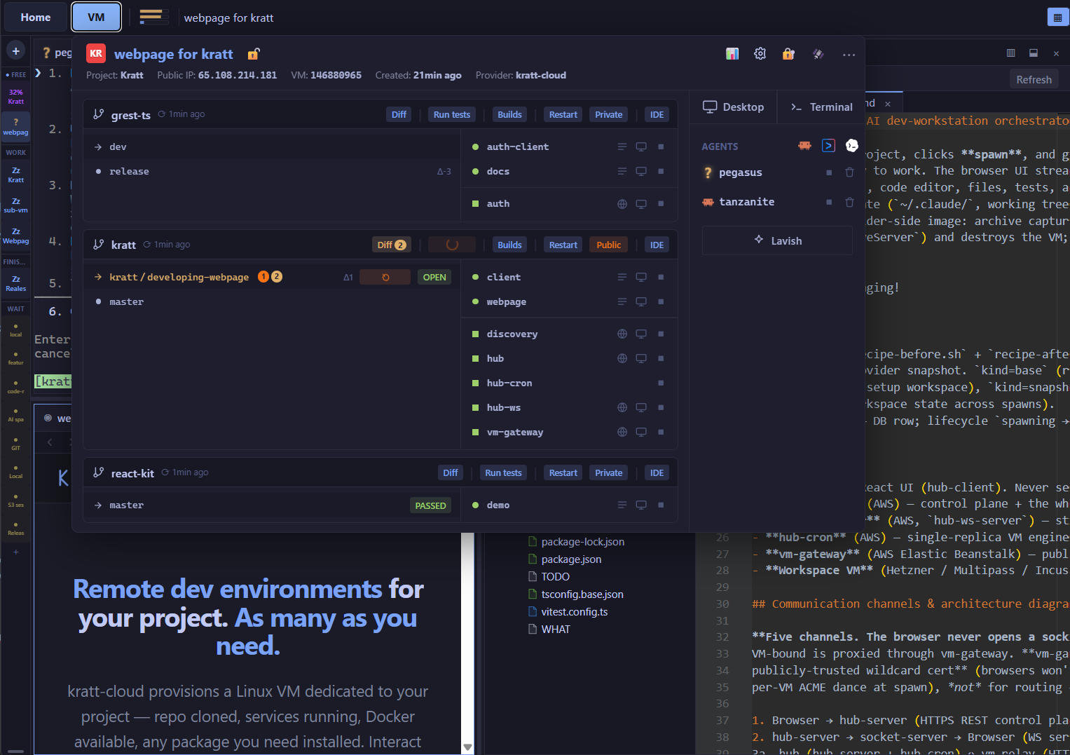 The kratt-cloud workspaces dashboard: a grid of VMs, each on its own branch with live status.
