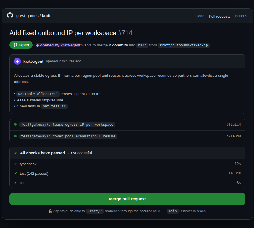 A GitHub pull request opened by the agent from a kratt/* branch with checks green.