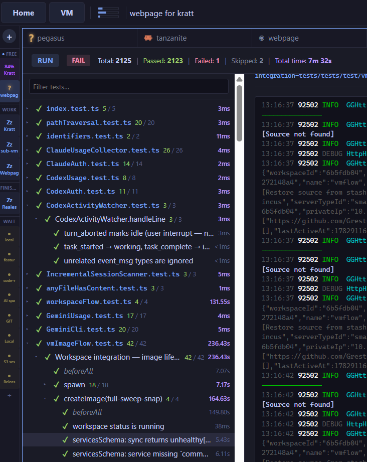 The agent's test run: the full suite executing on the VM with pass/fail results in view.